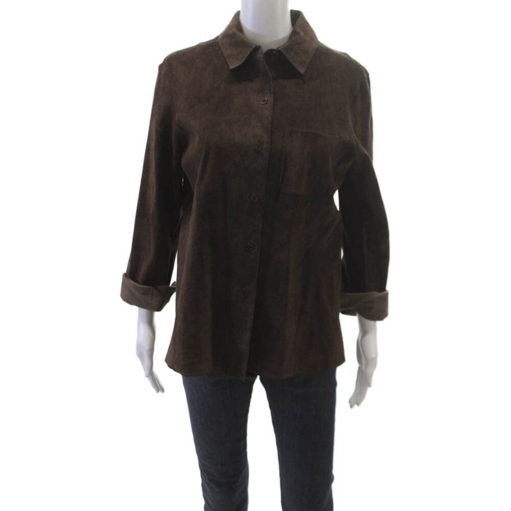Revue Womens Brown Leather Collared Button-Up Jacket Long Sleeve Size 10
